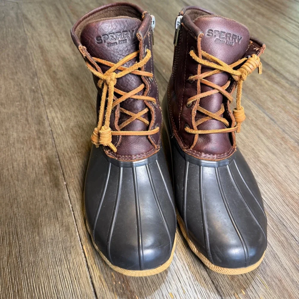 Sperry Saltwater Duck Boots Womens 8M Brown Black Leather Waterproof